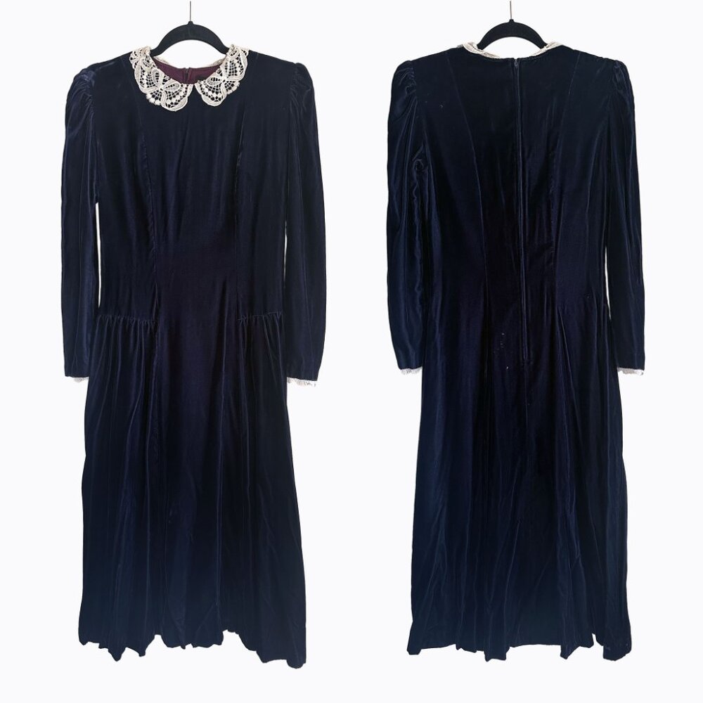Vintage Navy Velvet Dress 6 Lace Collar Whimsigoth Goth Victorian Dark Romance - Picture 4 of 12